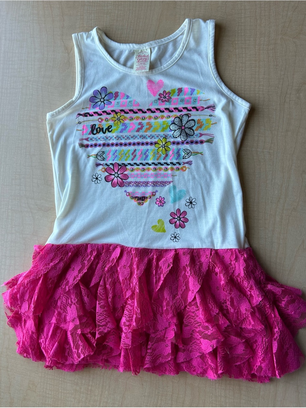 VTG Faded Glory Y2K McBling Girl's Heart Tutu Dress White Pink Lace